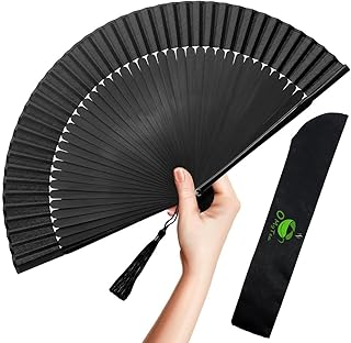 OMyTea Black Bamboo Silk Folding Fan