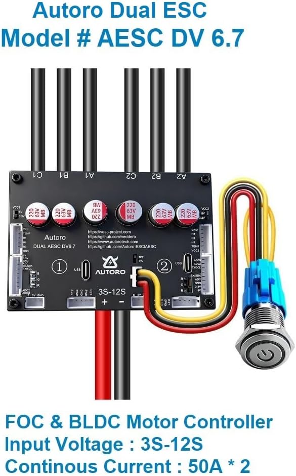 Autoro AESC DV6.7 Dual ESC Sparkless BLDC Motor Controller 12S 100A Based on VESC 6 FOC Speed Controller for DIY Electric Skateboard Scooter Ebike Longboard Robotics, Bluetooth Compatible