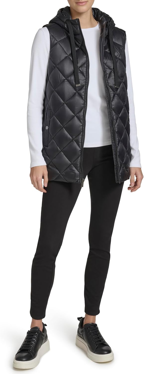 Andrew Marc Women's Quilted Design Tunic Length Hooded Vest