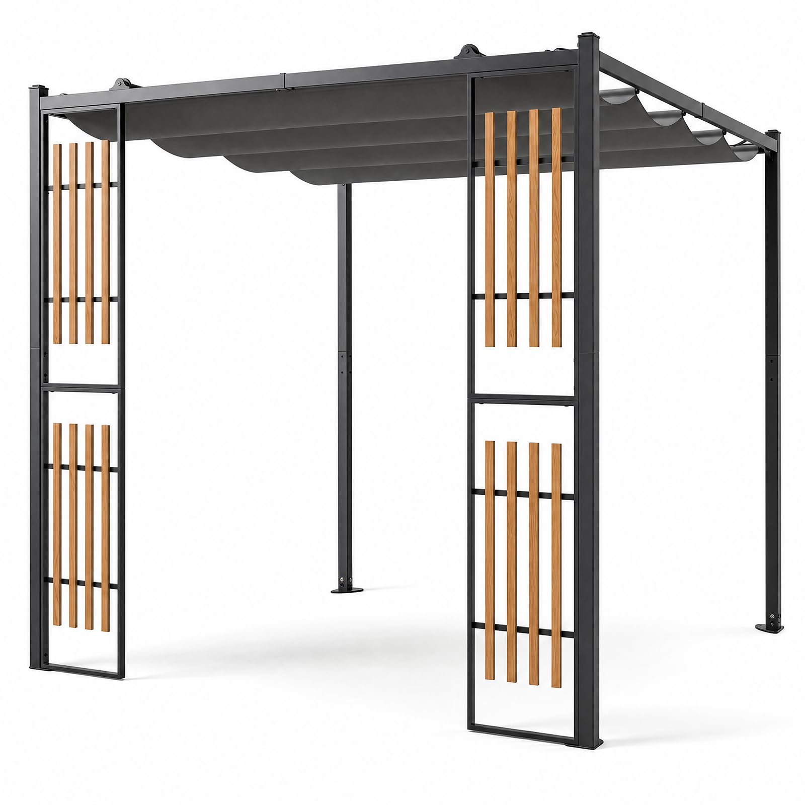 GOPLUS 2,32x2,32 M Pérgola de Jardín con Techo Retráctil y Pantallas | Cenador Cuadrado para Exteriores con Laterales Ajust, Lona de Poliéster, Estructura Metálica, Pabellón para Terraza, Gris
