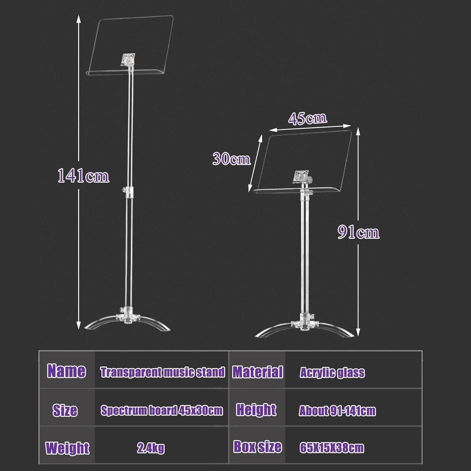 Sheet Music Stand, Transparent Acrylic Orchestral Music Stand, Height/Angle Adjustable, 45x30cm Music Board, Restaurant Service Menu Stand, for Guitar Violin Ukulele