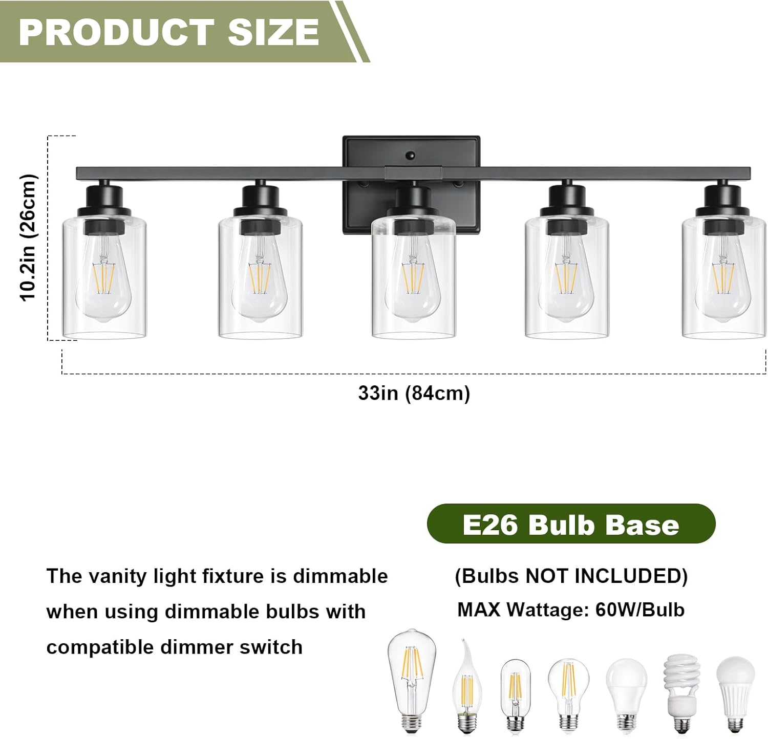 Unicozin Modern Bathroom Light Fixtures, 5 Light Vanity Lights Over Mirror, Black Wall Lamp with Clear Glass for Living Room Cabinet Bedroom Porch