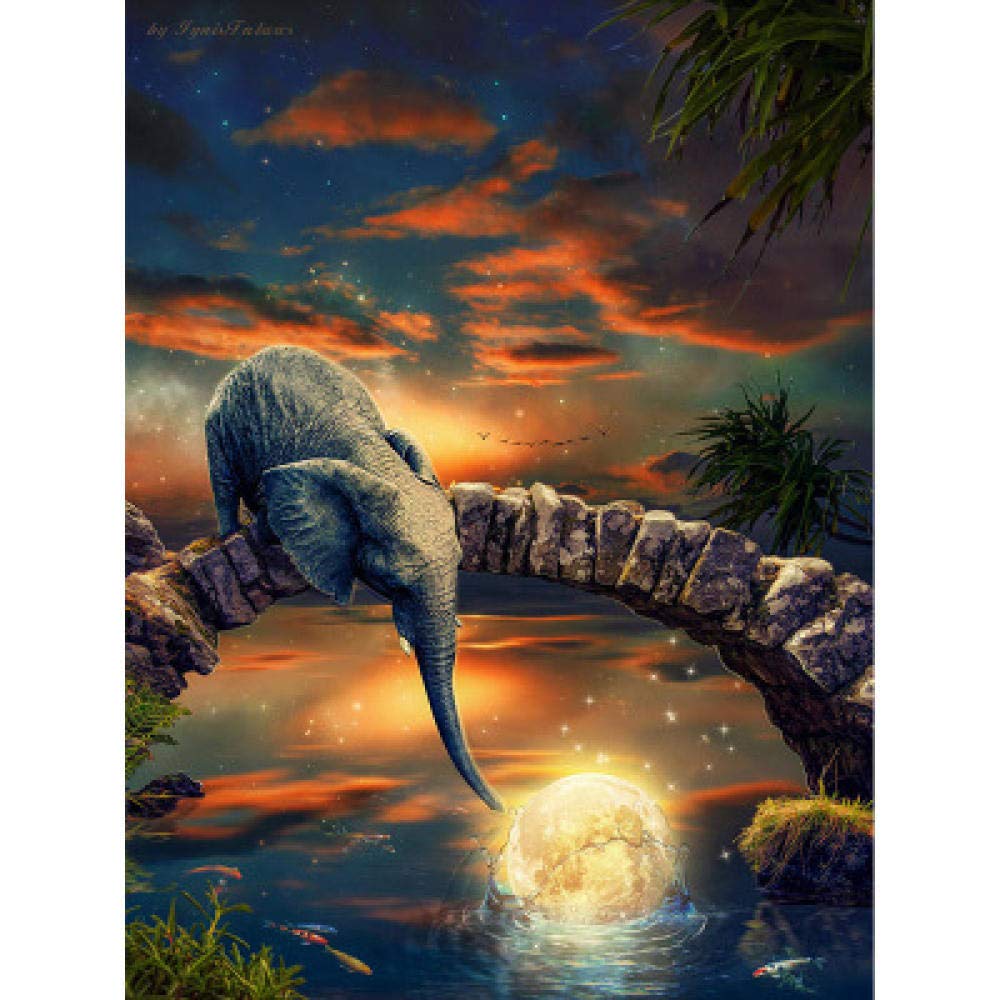 Kit broderie diamant 5D éléphant lune mosaïque DIY bricolage de 50x60 cm pour adulte
