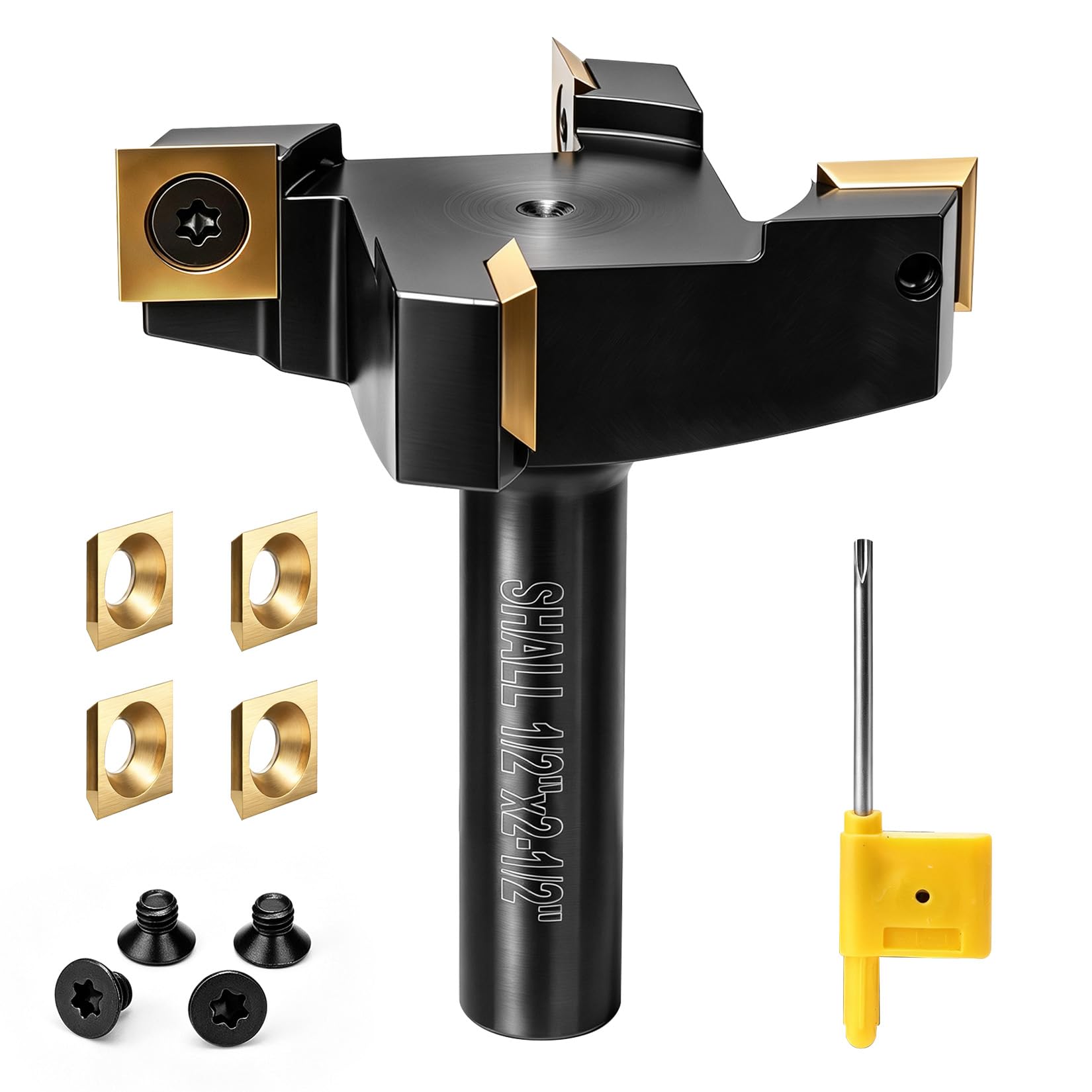 SHALL 1/2" Shank Spoilboard Surfacing Router Bits, 2-1/2" Cutting Diameter CNC Slab Flattening Router Bits with 4 Indexable Inserts, 4 replacement blades，Heavy Duty Wood Planer Bit