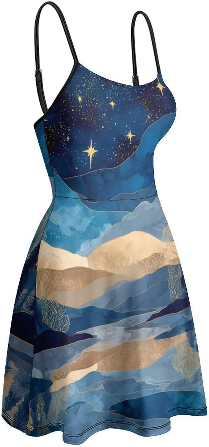 Midnight Lake Short Cami Dress for Women Adjustable Spaghetti Strap Flowy Sundress Beach Vacation