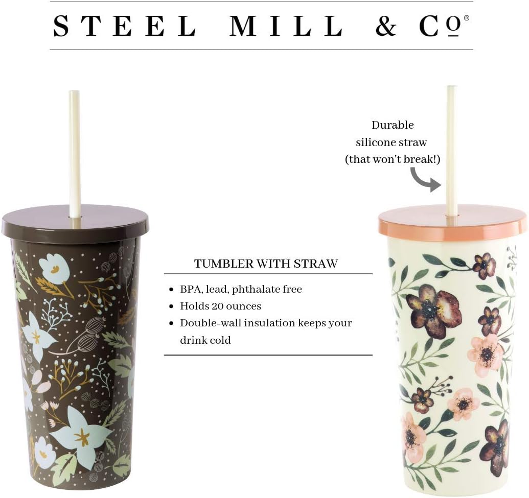 Best Promo Steel Mill & Co 24 Ounce Tumbler with Lid and Reusable Straw, Double Wall Insulated Travel Cup, Woodland Floral