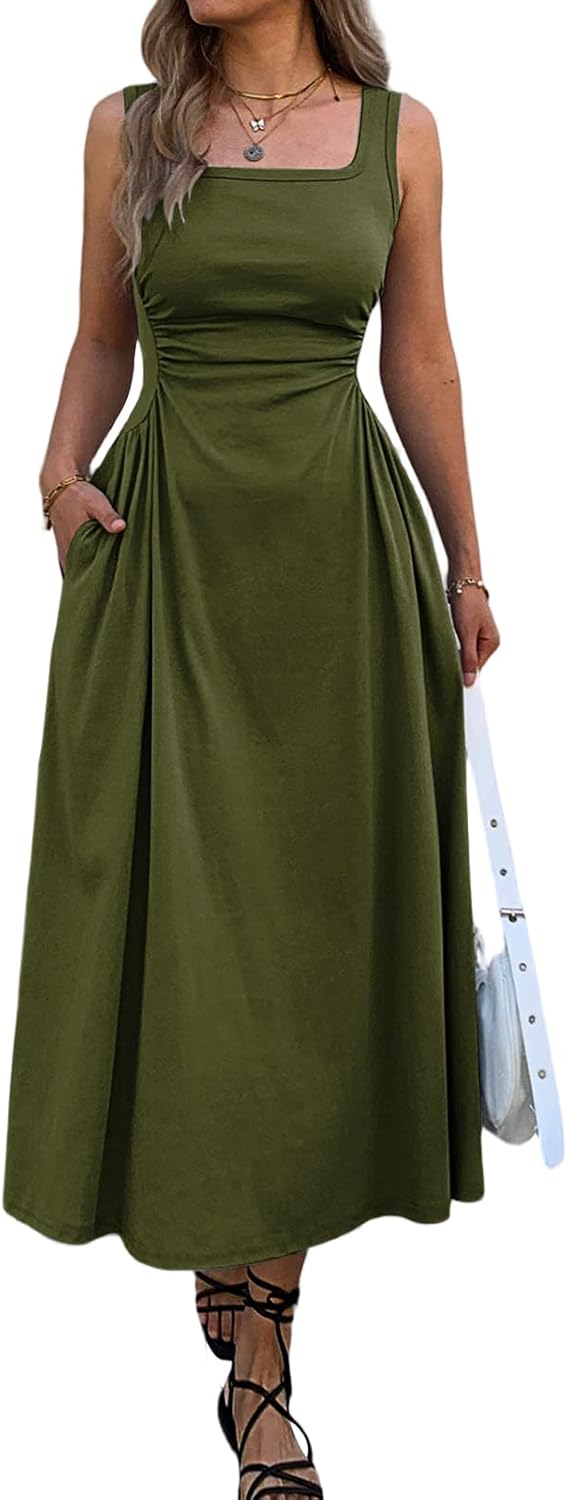 Mieazom Women's Square Neck Sleeveless Slim-Fit Maxi Dress Ruched Waist Corset Flowy Casual Summer Dresses with Pockets
