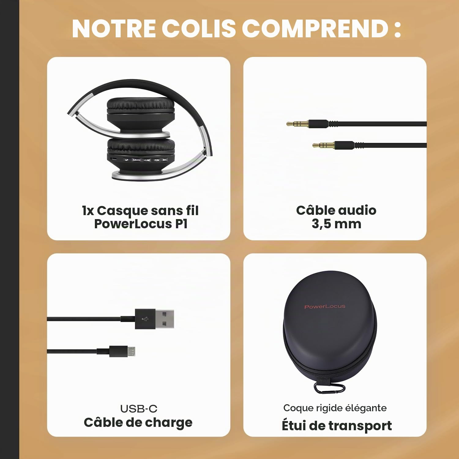 PowerLocus Casque Bluetooth sans Fil, Pliable Casque Audio Stéréo, Oreillette Bluetooth avec Micro Intégré/Micro SD/FM Radio pour Téléphones/PC/Tablettes/TV (Noir/Argent)