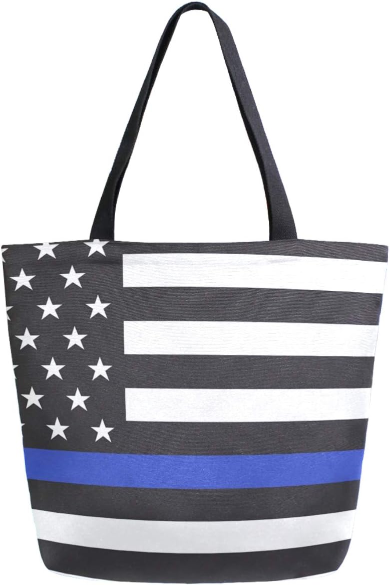 Chic Extra Large Shoulder Grocery Tote Bag, American Police Flag Print Canvas Reusable Handle Bags for Men Women Gym Weekender Picnic Beach Travel Home Storage Market Shopping