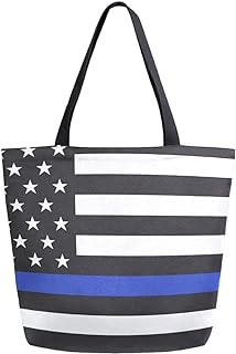 Chic Extra Large Shoulder Grocery Tote Bag, American Police Flag Print Canvas Reusable Handle Bags for Men Women Gym Weekender Picnic Beach Travel Home Storage Market Shopping