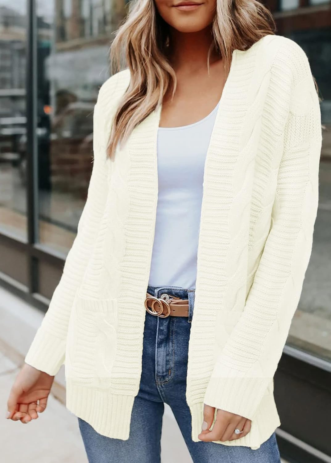 MEROKEETY Women's 2026 Long Sleeve Cable Knit Cardigan Sweaters Open Front Fall Outerwear Coat Pockets - Image 2