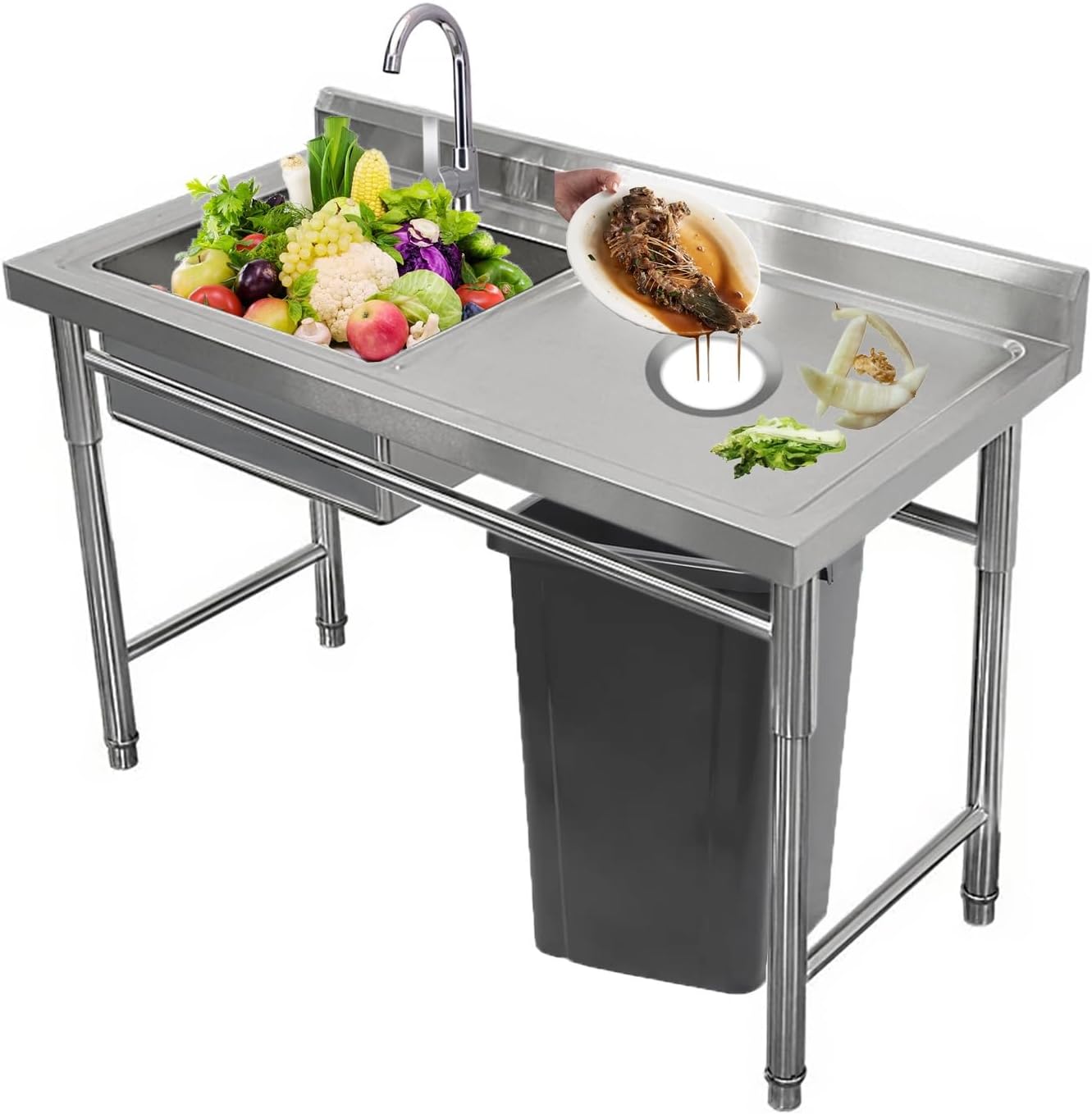 Laundry Sink Commercial Sink, Single Basin, Multi-Purpose Sink, Outdoor Multi-Purpose Sink with Holes for Disposing Garbage, with Workbench and Cold and Hot Water Tap for Laundry Room
