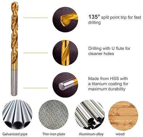 Miniatura 4 de Juego de 99 brocas recubiertas de titanio, kit de brocas HSS de punta de 135 grados para acero, aluminio, cobre, acero de aleación suave, madera,