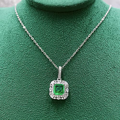 Yunkai Sterling Silver Emerald Necklace, 2Ct Lab Grown Emerald Princess Cut(7Mm) Halo Simulation Diamond Pendant Hypoallergenic White Gold Plated Jewelry Gifts For Her Birthday Day Christmas Gift #TOP1