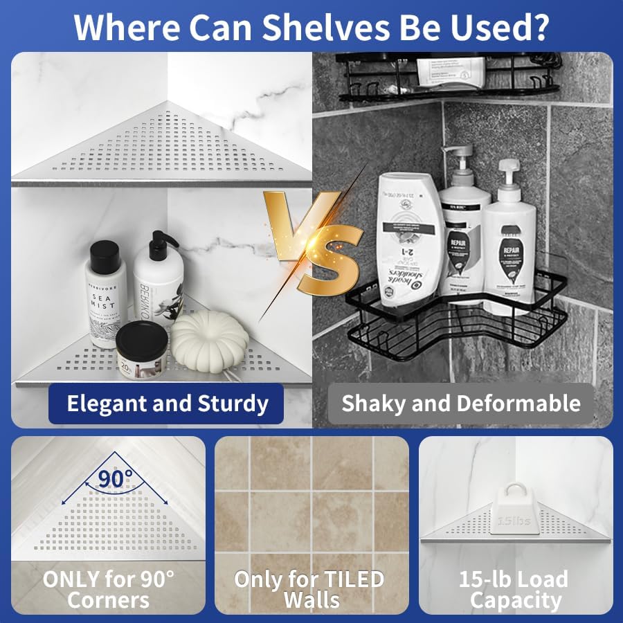 Miniatura 4 de Estantes esquineros de ducha empotrados de acero inoxidable 304 cepillado de 12 pulgadas, estante esquinero para pared de azulejos, sin taladrar,