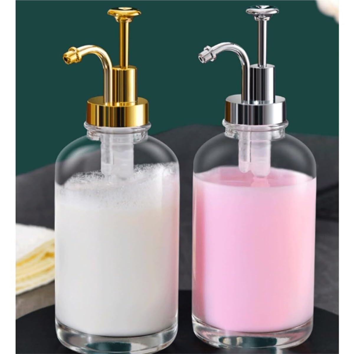 Dispensador Jabon Baño Ducha Dispensador De Jabón Encimera Simple, Bomba con Pulsador Manual, Contenedor Loción, Botella Vidrio Dosificador Champu(Blue,Silver)