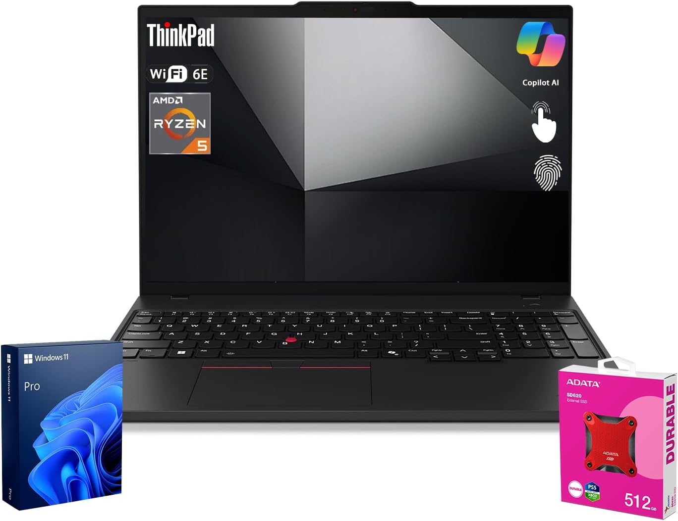 Lenovo ThinkPad E16 Business Laptop, 16" FHD+ Anti-Glare Touchscreen, AMD Ryzen 5 7535U, 16GB DDR5, 1TB SSD, Wi-Fi 6E, Fingerprint, Backlit, Windows 11 Pro, Bundle with ADATA 512GB External SSD