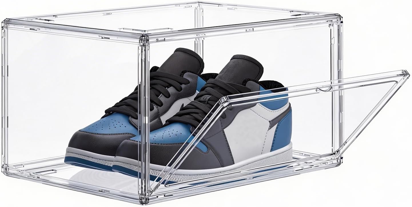 HIYOHIYO Size 14 Acrylic Clear Shoe Storage Boxes Stackable for Sneaker, Clear Shoe Box Storage Bins, Fully Transparent Display Case with Magnetic Door Suitable for Ankle, Boots, High Heels (1 Pack)