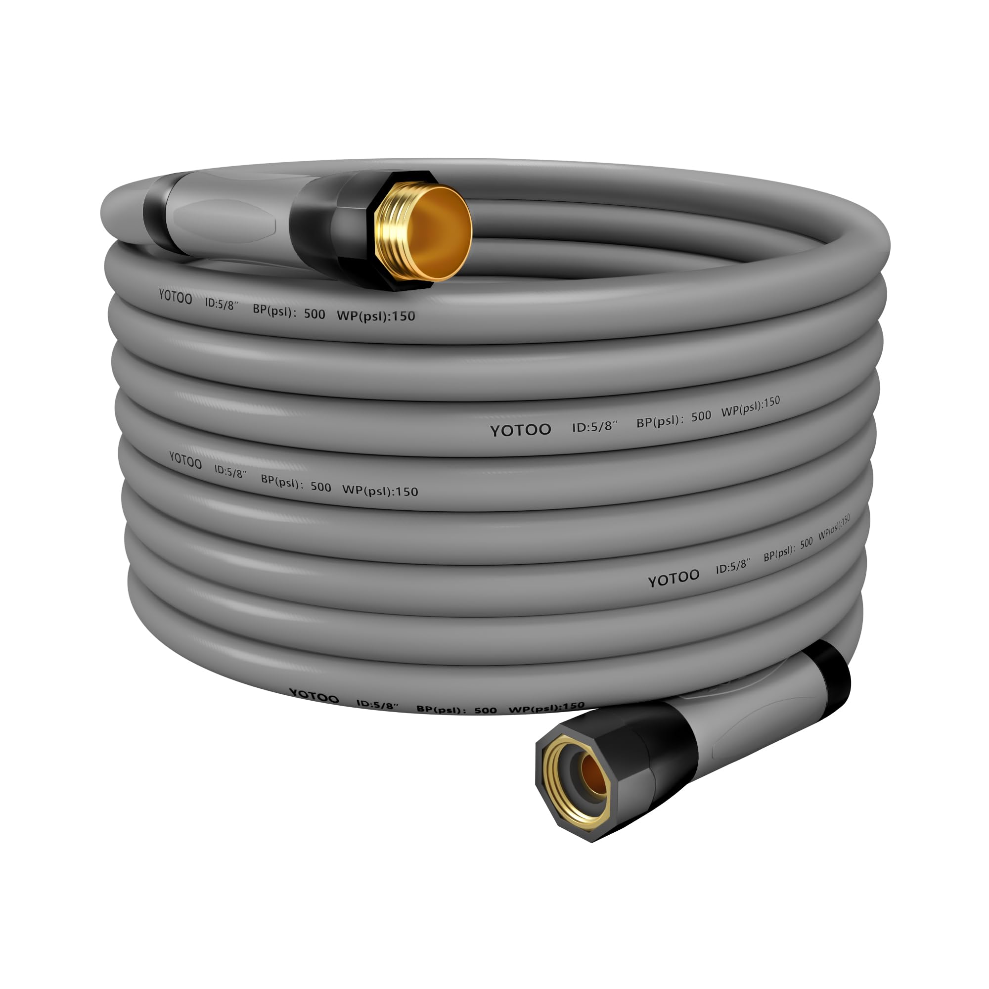 YOTOO Manguera híbrida de agua de jardín resistente de 5/8 pulgadas por 75 pies, 150 PSI resistente a las torceduras, flexible con mango giratorio y accesorios de latón macizo de 3/4 pulgadas, gris