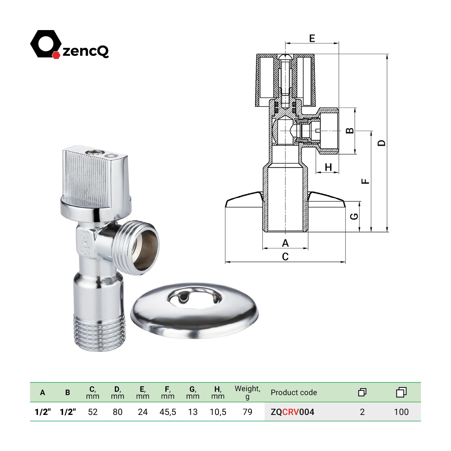 zencQ Angle Valve 1/2 Inch x 1/2 Inch, 1/2" x 1/2" - Image 2