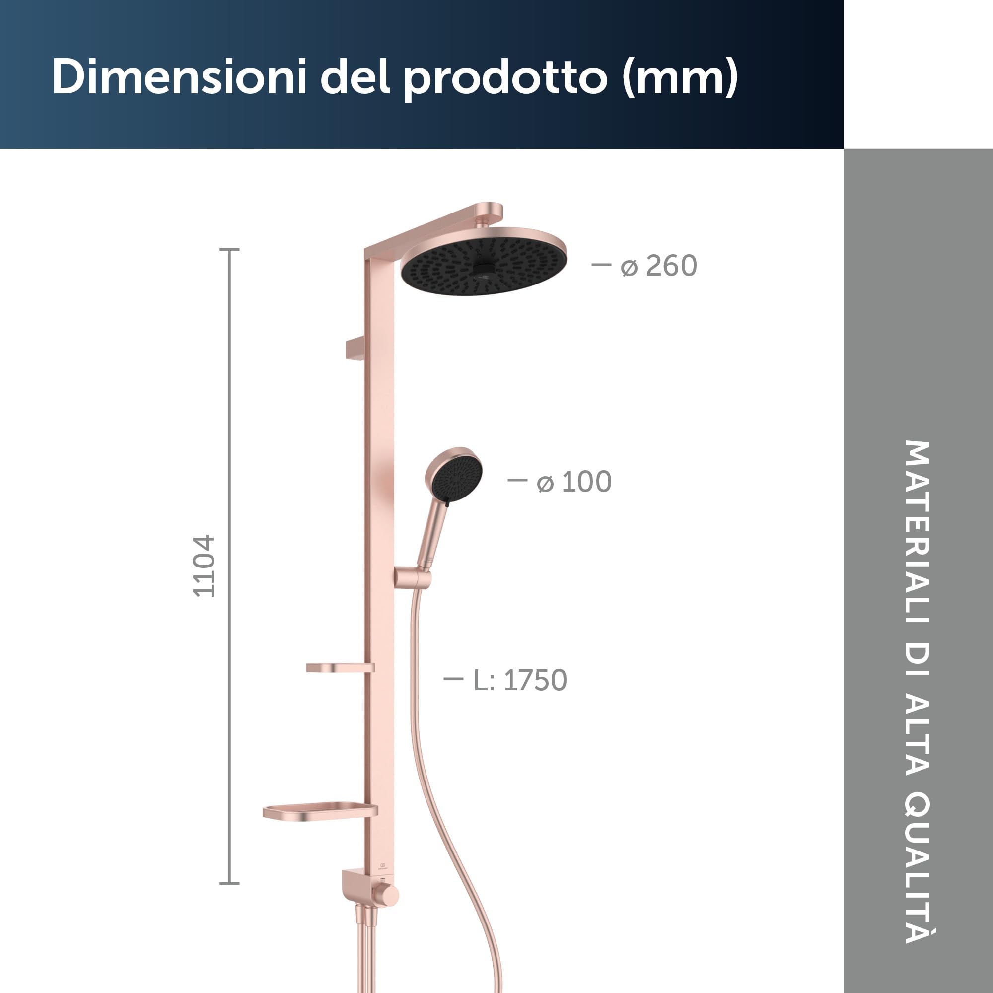 Ideal Standard Ceratwist Alu+ Colonna doccia, Realizzata con l'100% di alluminio riciclato, doccia a risparmio idrico con tipi di getto variabili – Rosé (338x501x1104 mm)