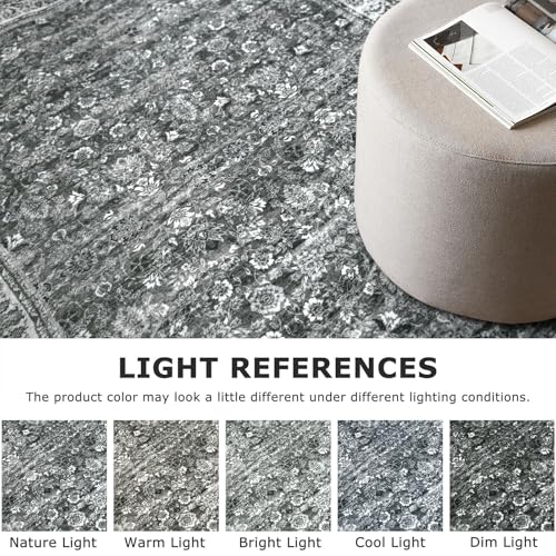 3x5 Moss Charcoal Washable Rug for Entryway, Soft Distressed Floral Rug with Non-Slip, Low-Pile Vintage Neutral Area Rugs for Living Room Nursery Bedroom, Dorm Carpet with Non-Shedding