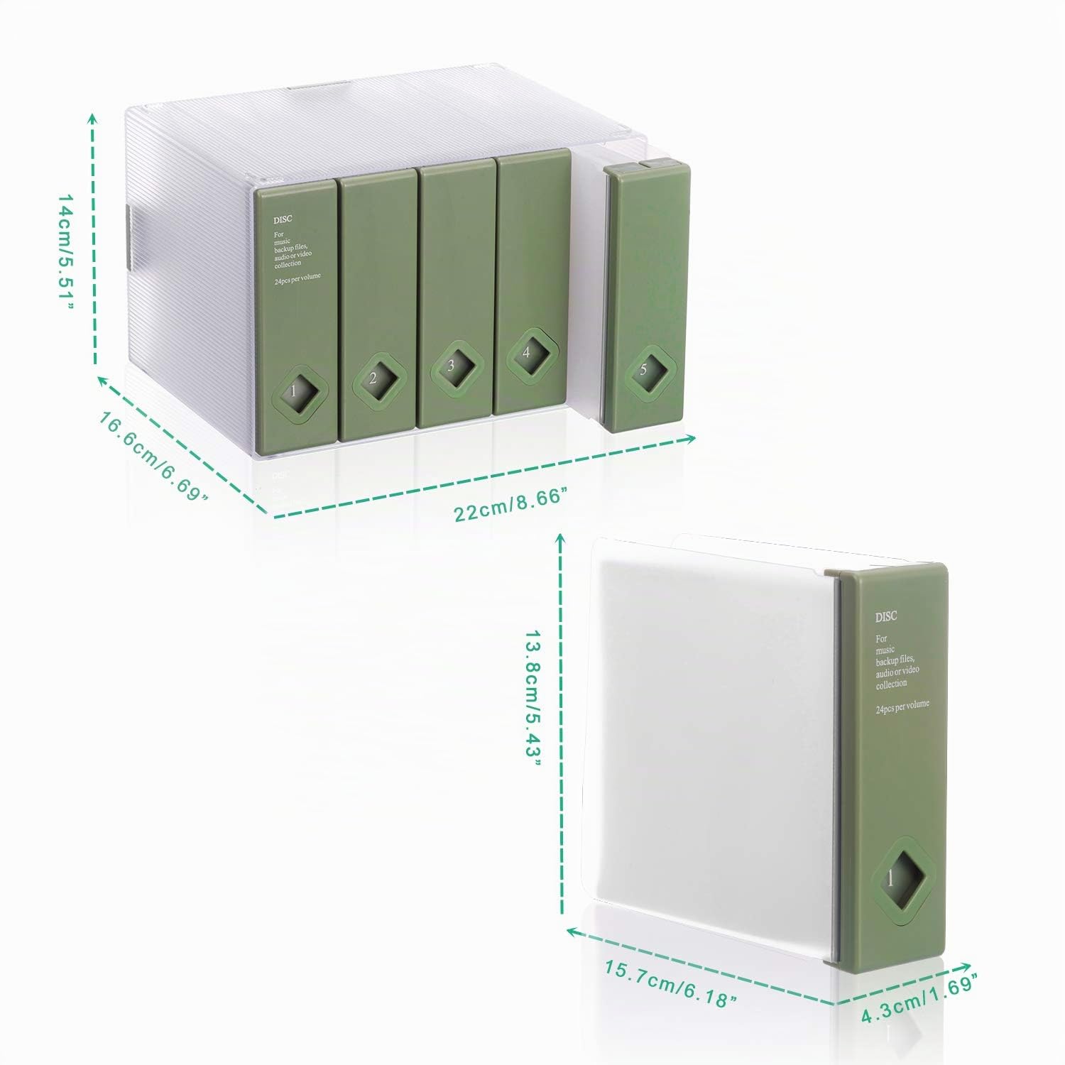 AhfuLife CD/DVD/Blu-ray Aufbewahrung Boxen Farbenfrohe, DVD Box Platzsparende Transport-Hüllen, CD Hüllen für Auto und Zuhause bis zu 120 Discs Ideal für Geschenke (Grün)