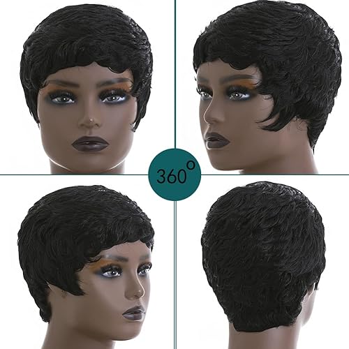 Miniatura 4 de Pelucas cortas de corte pixie para mujeres negras, peluca corta rizada negra natural con flequillo, peluca de pelo sintético Pixie para mujer,