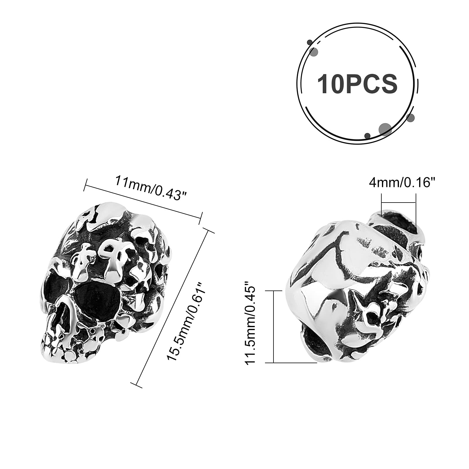 UNICRAFTALE Perline Teschio In Acciaio Inossidabile - 10 Pezzi, 4mm Foro, Argento Antico - Per Bracciali, Orecchini E Collane Fai-da-Te - 3