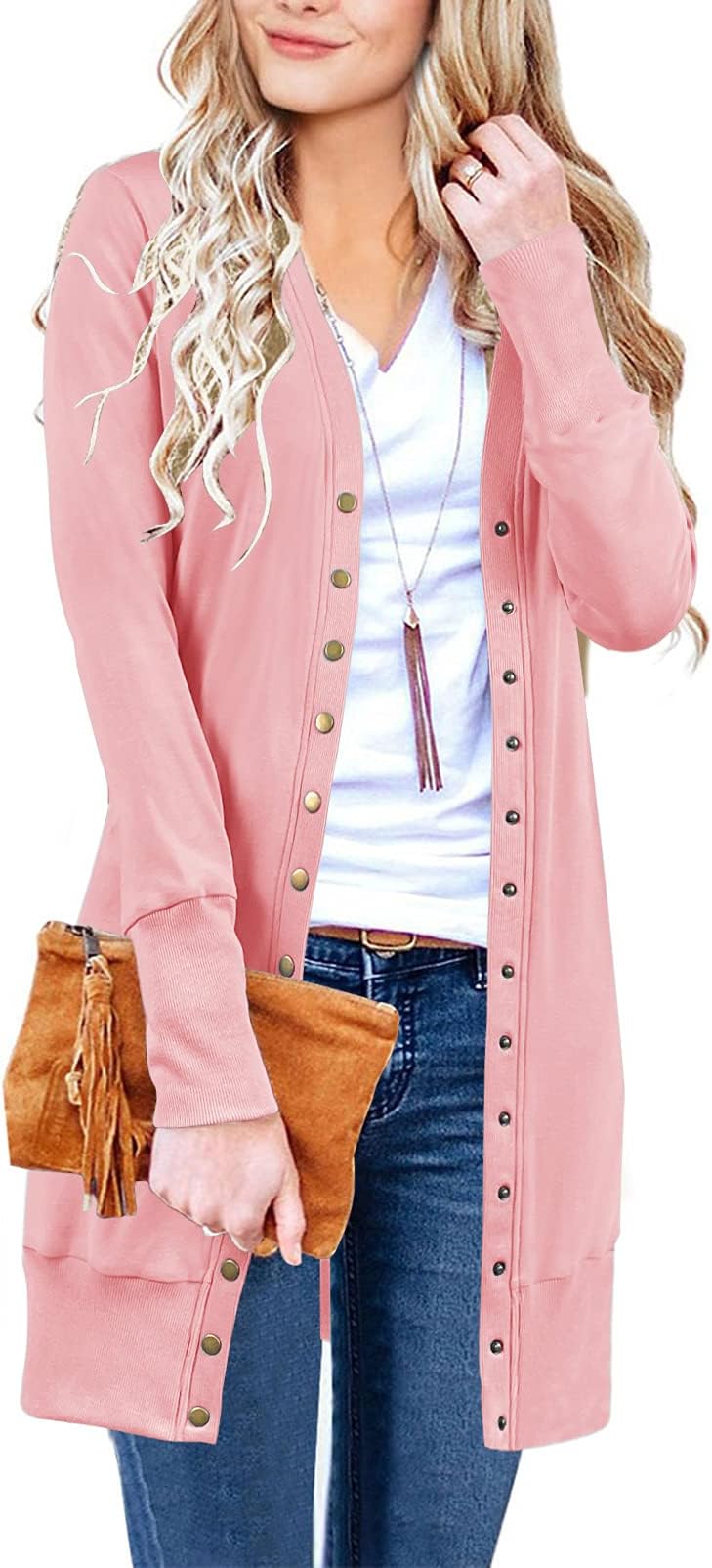 MEROKEETYWomen's 2024 Fall Long Sleeve Snap Button Down Solid Color Knit Ribbed Neckline Cardigans
