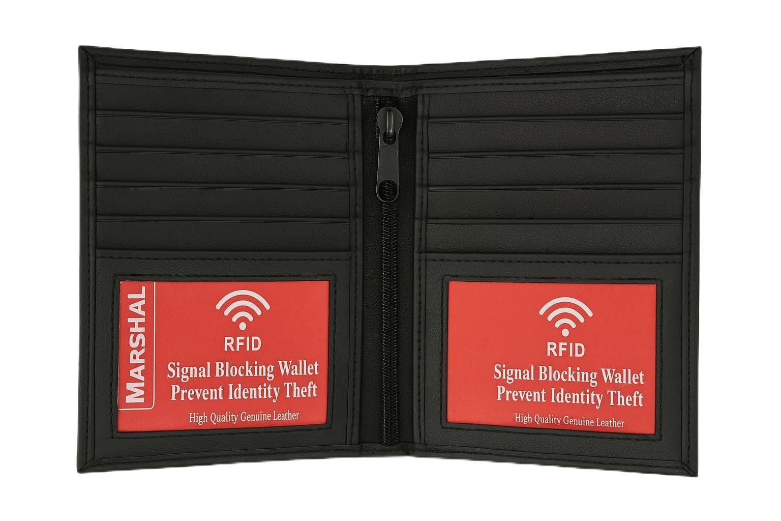 MARSHAL RFID Blocking 2 ID Bifold Hipster Credit Card Wallet Genuine Cowhide Leather (Black)