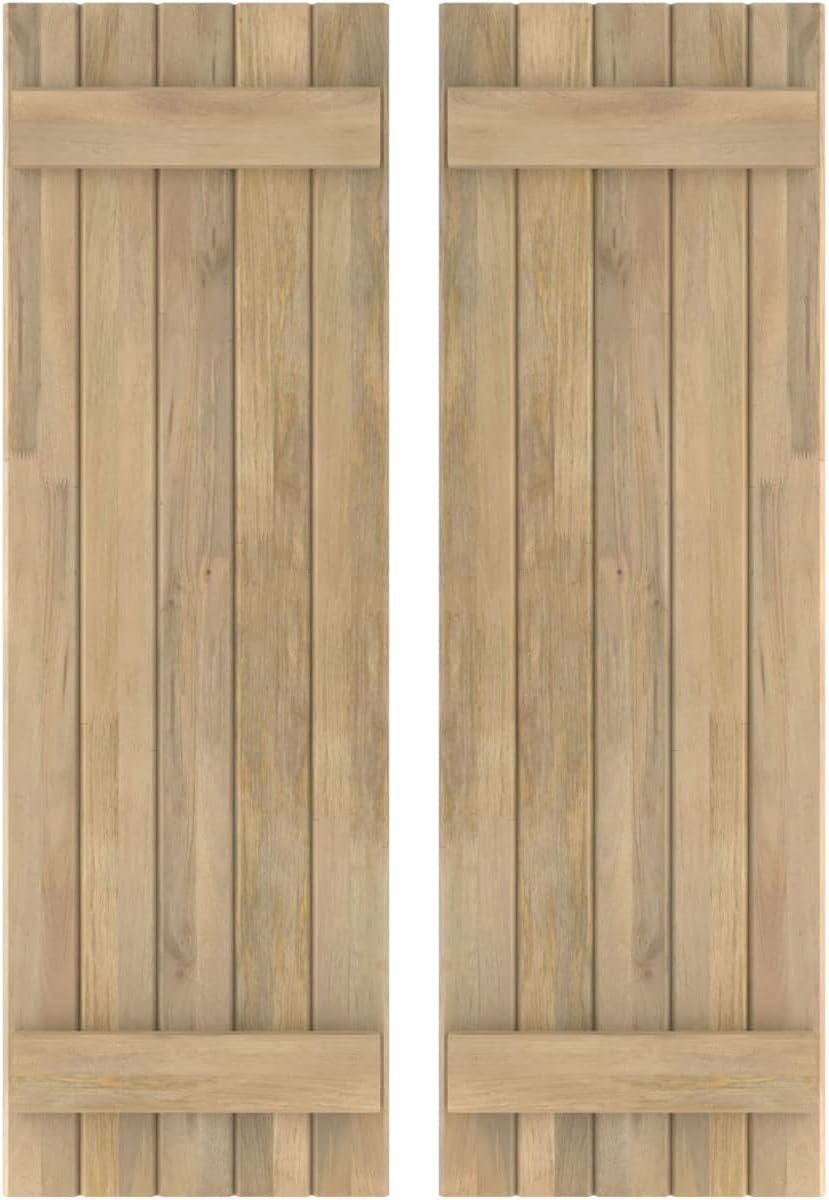 17 1/2"W x 59"H Americraft Five Board (2 Batten) Exterior Real Wood Joined Board-n-Batten Shutters (Per Pair), Unfinished