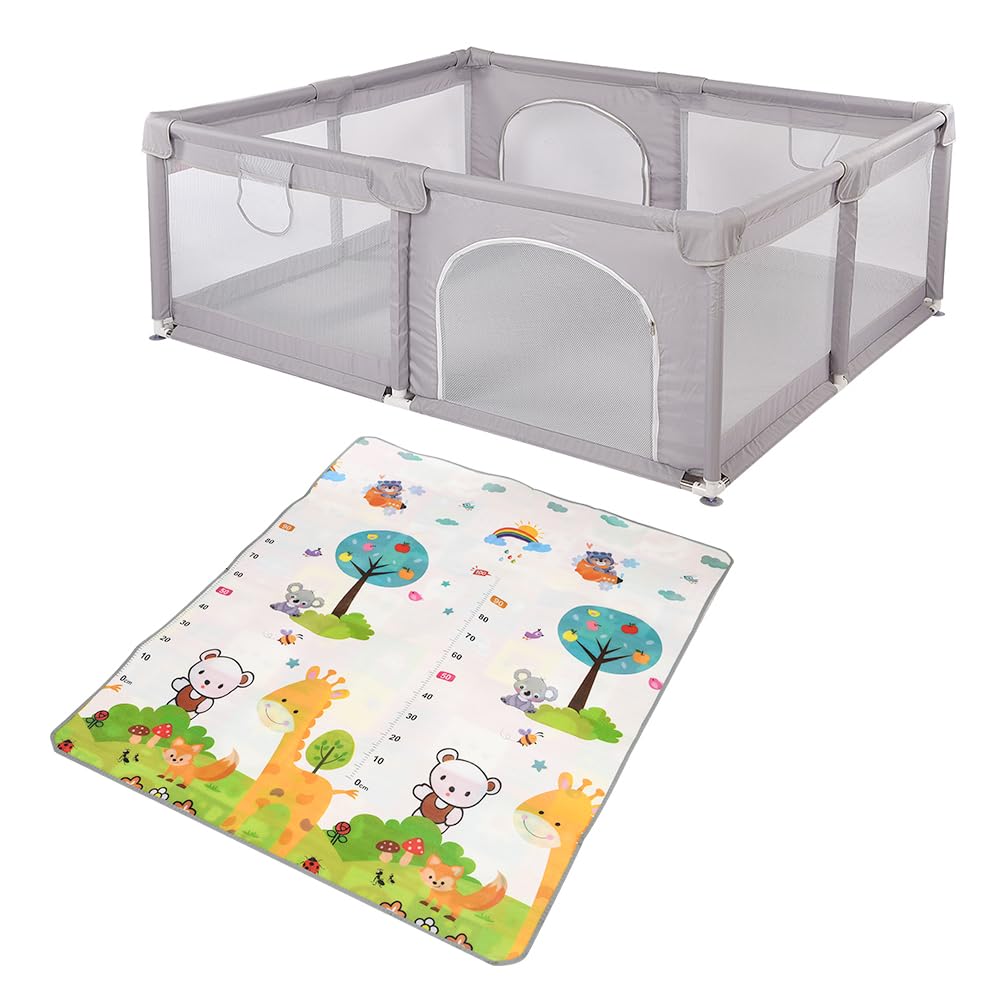 Homewell Park dla niemowląt, bezpieczny park dla niemowląt 150 x 180 cm, plac zabaw z 2 zamkami bocznymi i matą, barierka dla dzieci, torba do przenoszenia, szary