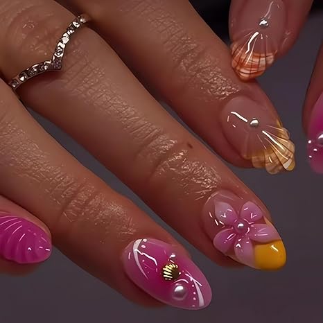 💖 Pink Summer Shell Flower Nails: Press-on Manicure