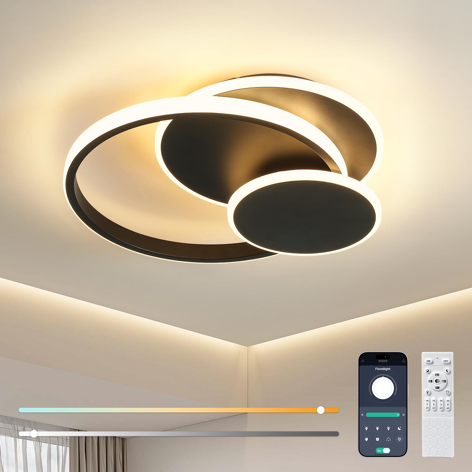 LED Deckenleuchte Wohnzimmer Deckenlampe, 33W Deckenleuchte Moderne mit Fernbedienung Dimmbar,3000K-6500K 3 Ring-Design Aluminium Led Deckenlampe für Wohnzimmer Schlafzimmer Küche,Schwarz,35*32*6.5cm