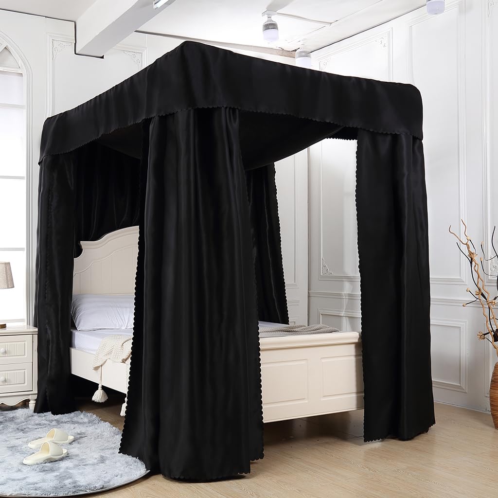 Obokidly Elegant Black 100% Lightproof 4 Corner Post Bed Curtain Canopy Bedroom Decoration for Adults Girls Boys Bed Canopies Child Gift (King, One Solid Black-Bed Curtain)