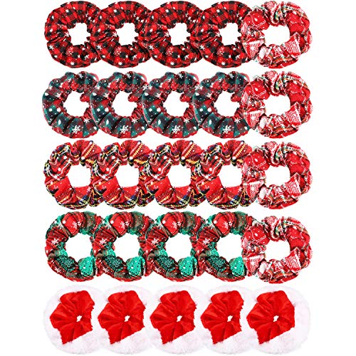 25 Pieces Christmas Hair Scrunchies Soft Elastic Hair Bands Plaid Snowflake Hair Scrunchy Christmas Elastics Bobbles for Xmas Hair Accessories