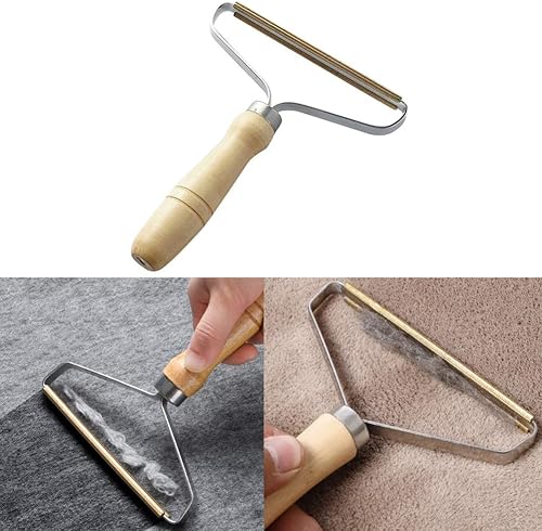 Removedor de pelo de mascotas, rodillo portátil de pelusa con mango de madera, cepillo de pelo de alfombra con raspador de metal de doble cara para