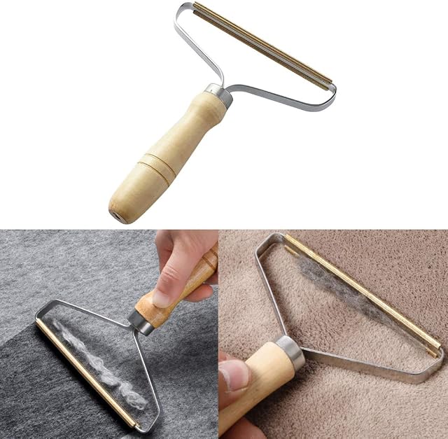 DFQHSCTE Carpet Hair Remover, portable spark lint roller with wooden handle, carpet pile brush with double sided metal scraper suits indoor carpet, pet hair, car carpet, 1 Pc
