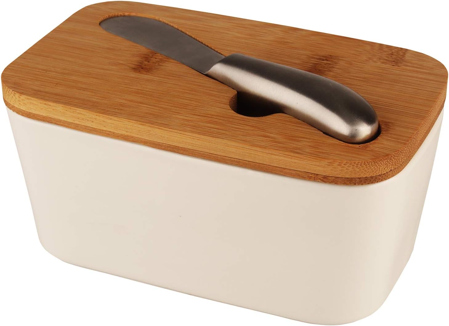 Porcelain Butter Dish with Bamboo Lid and Stainless Steel Butter Knife, Butter Keeper Container Perfect for 2 Sticks of Butter.