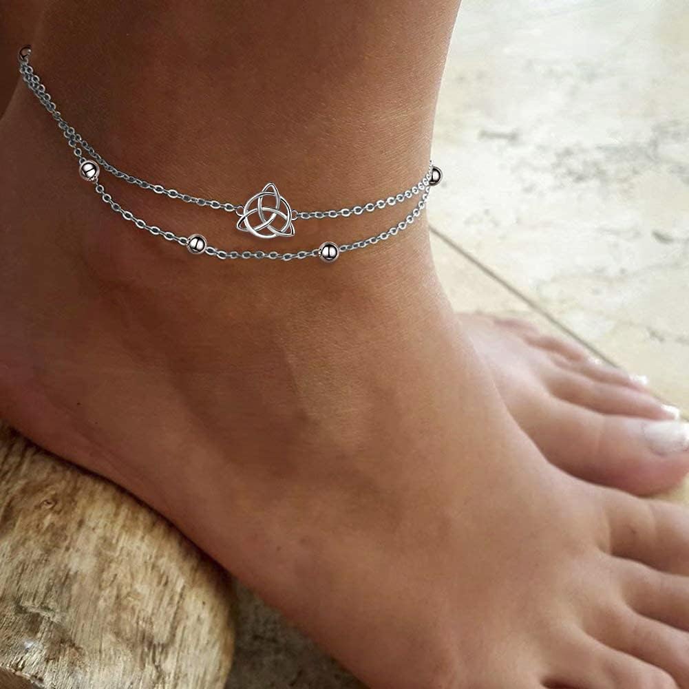 MANBU Sterling Silver Anklet for Women Cross Celtic Pearl Layered Chain Ankle Bracelet Summer Holiday Foot Jewelry Gifts