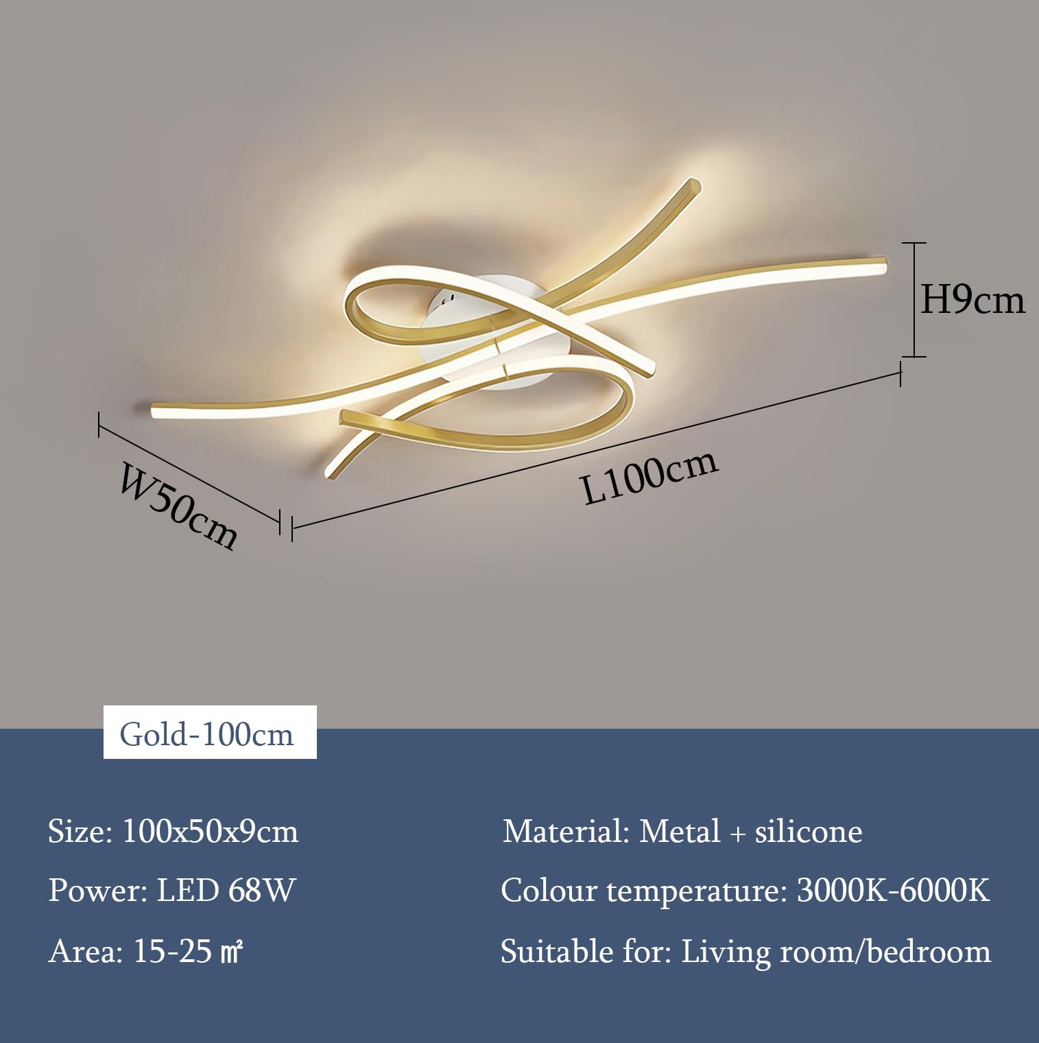 Nowoczesna Ściemnialna Lampa Sufitowa LED z Pilotem Metalowa Akrylowa 100cm Złoty