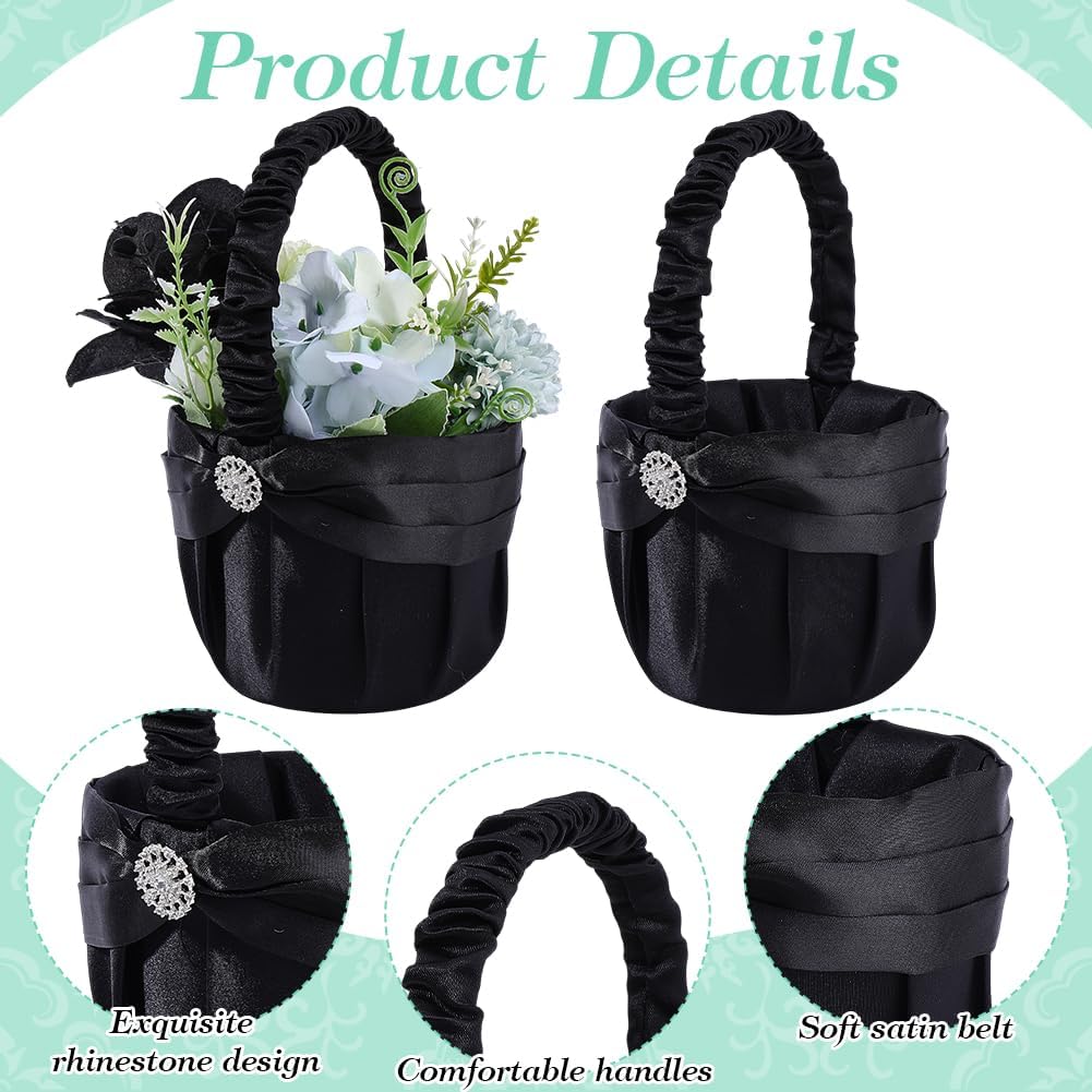 INFUNLY 2 PCS Flower Girl Basket Kit Black Rhinestone Wedding Basket Set 5.1x8.7 Inch Wedding Flower Baskets with Wedding Ring Bearer Pillow Floral Baskets Proposal Fairy Decor for Engagement Party
