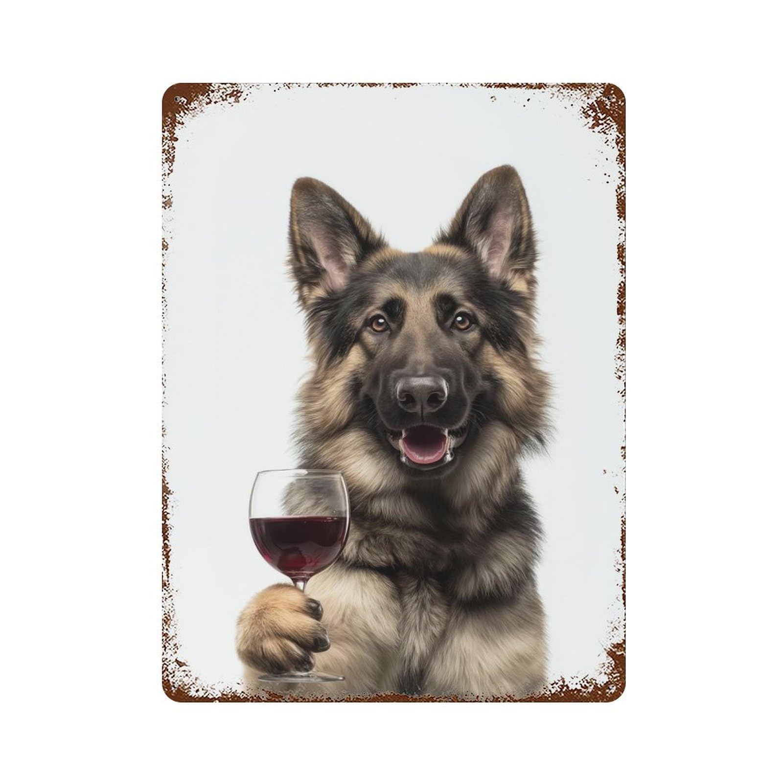 German Shepherd with Wine Glass Retro Metal Sign 15.7"x11.8", Ideal for Shed, Workshop And Garage Wall Decor