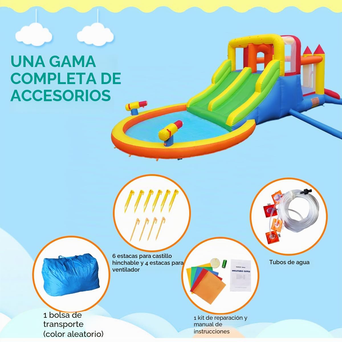 Ballsea Castillo Hinchable Infantil sin soplador, tobogán seco/de Agua, Capacidad 6 niños/200kg, L6.28 x A2.93 x H1.95m (sin soplador)