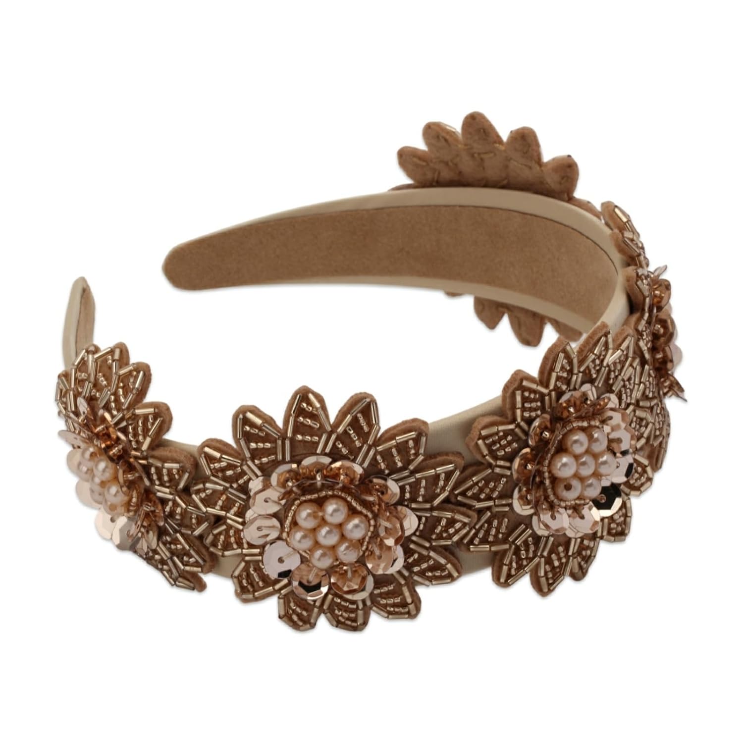 Floral Pearl Bead Headband for Women Sequin Elegant Decorative Flower Leaf Fashion Hairband Hair Head Accessories (H1089-brown)