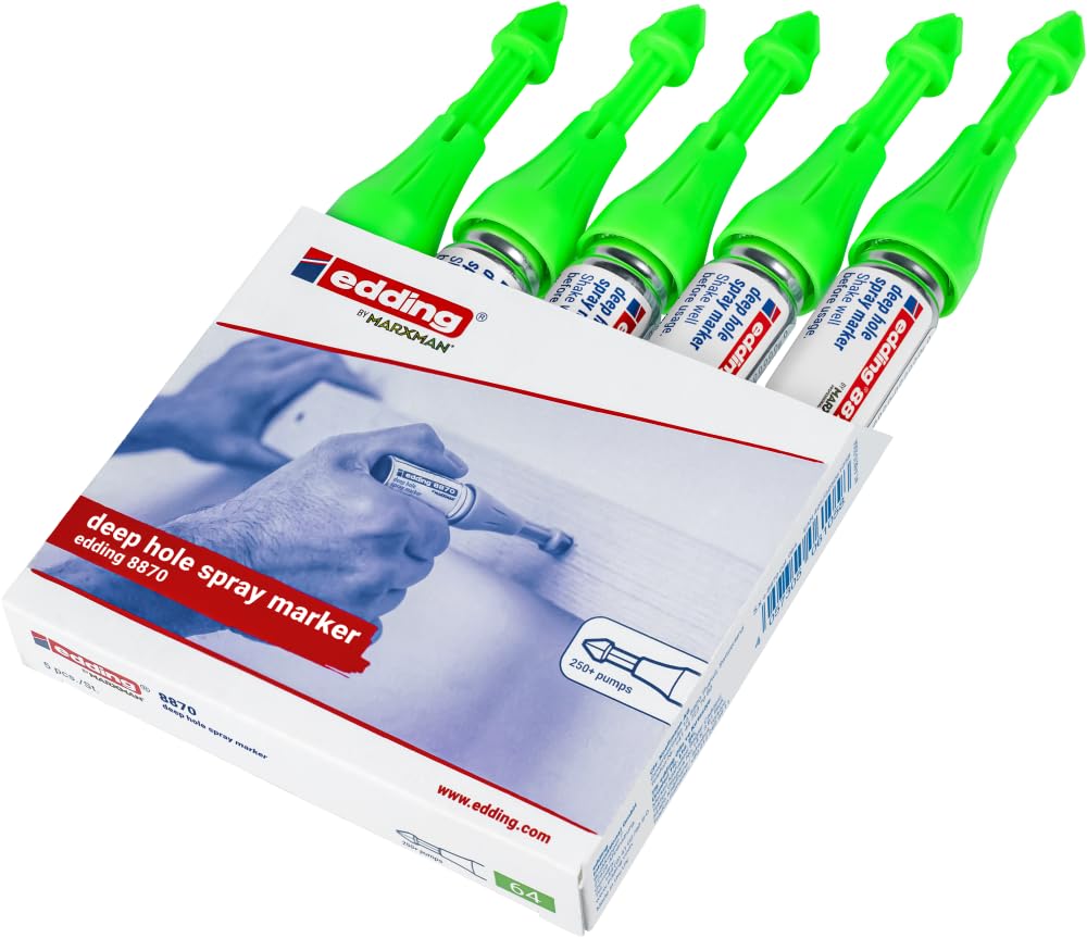 Edding Marqueur spray 8870 pour trous de perçage et zones inaccessibles – 5 Marqueurs à craie vert effaçables jusqu’à 50 mm de profondeur, pour pro & bricolage - Utilisation jusqu’à 250 pulvérisations