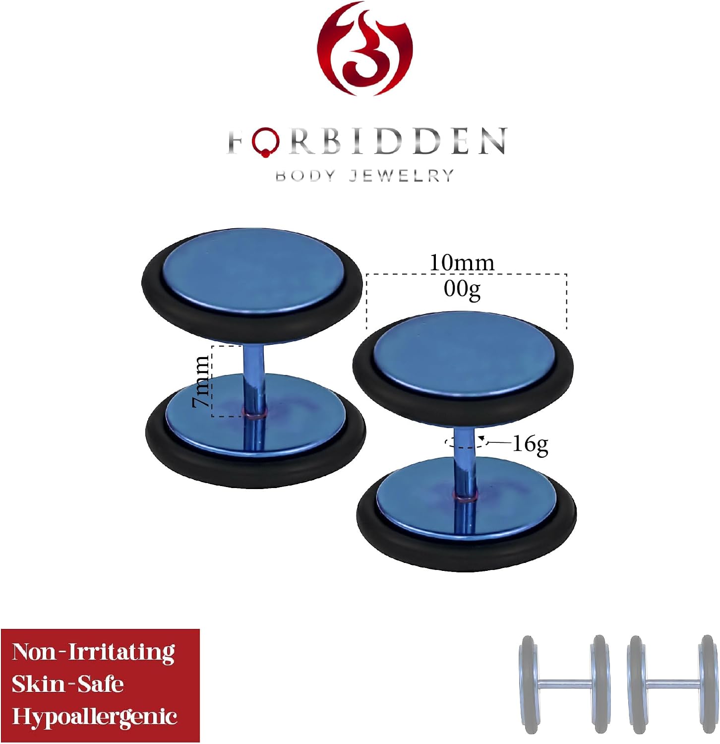 Forbidden Body Jewelry 16g 10mm Titanium IP Blue Surgical Steel Cheater Plug Earrings, Fake 00 Gauge Earrings