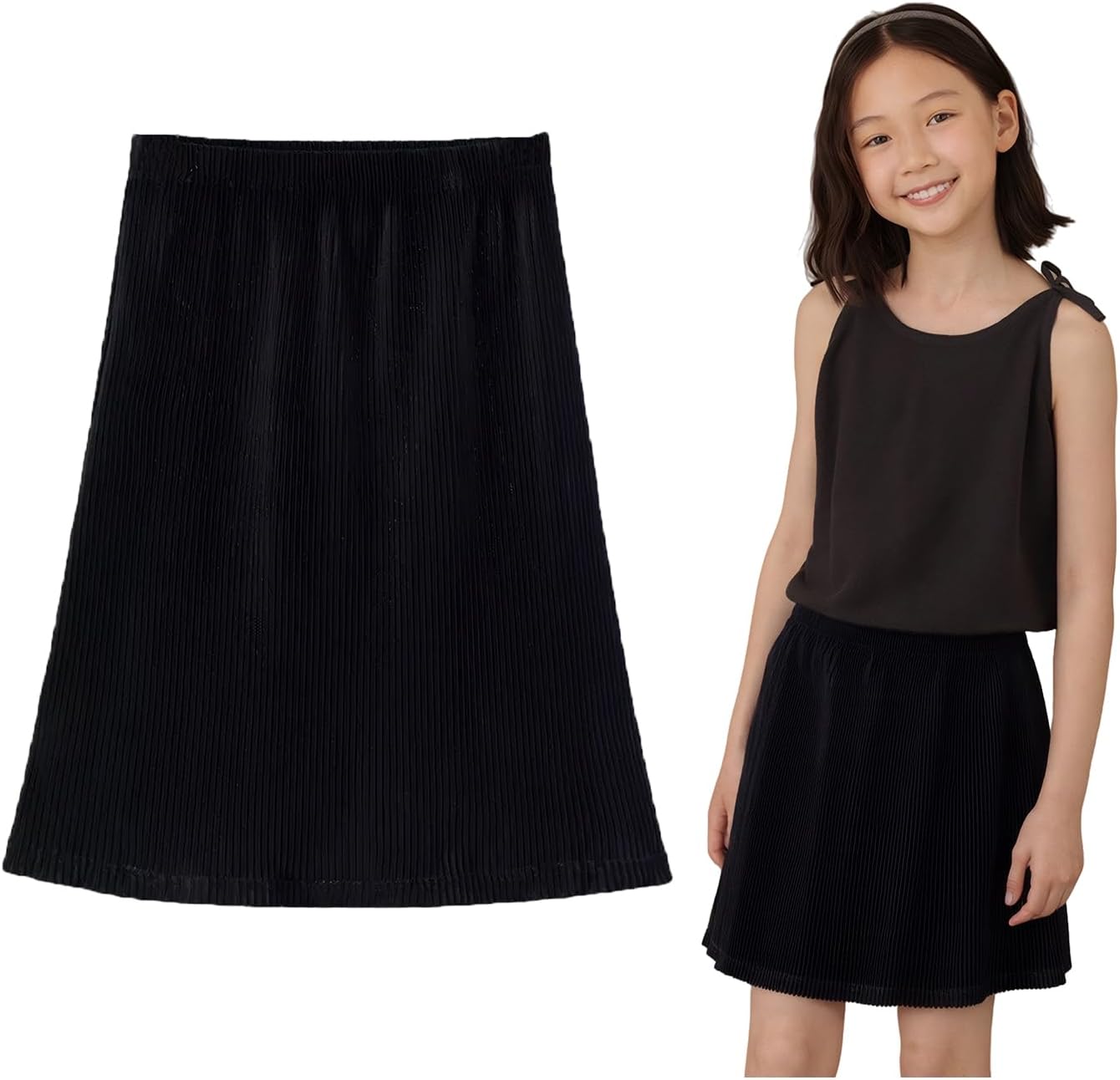 Girls Knee Length Pleated A-Line Skirt with Pull On Elastic Waist for Kids Rainbow Black Midi Skirt 3-12 Y
