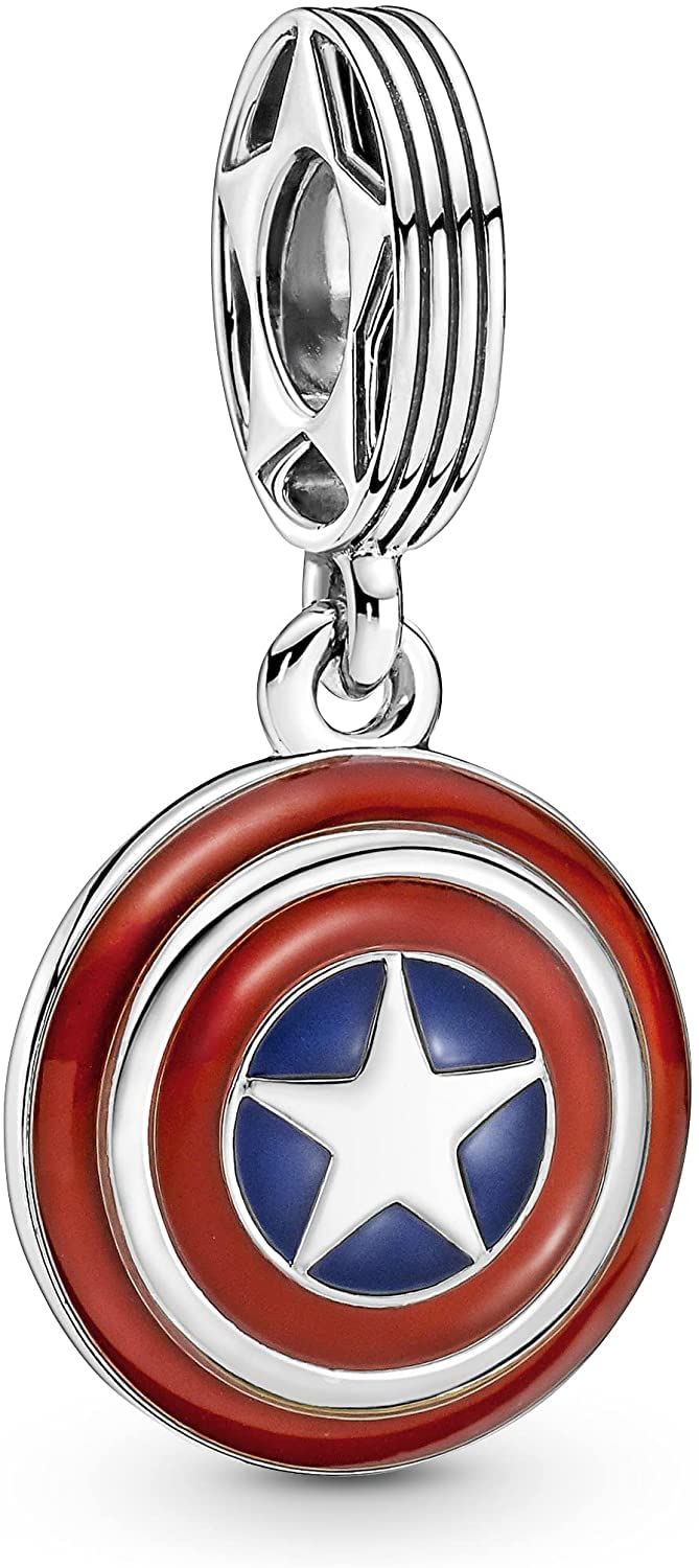 Captain America Shield Dangle Charm in Solid Sterling Silver S925 and Enamel, Compatible with all European style Charm Bracelets, Anklets and Necklaces.